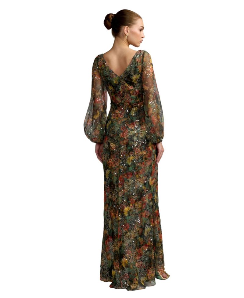 Women's Floral Applique Sequined Puff Sleeve Gown