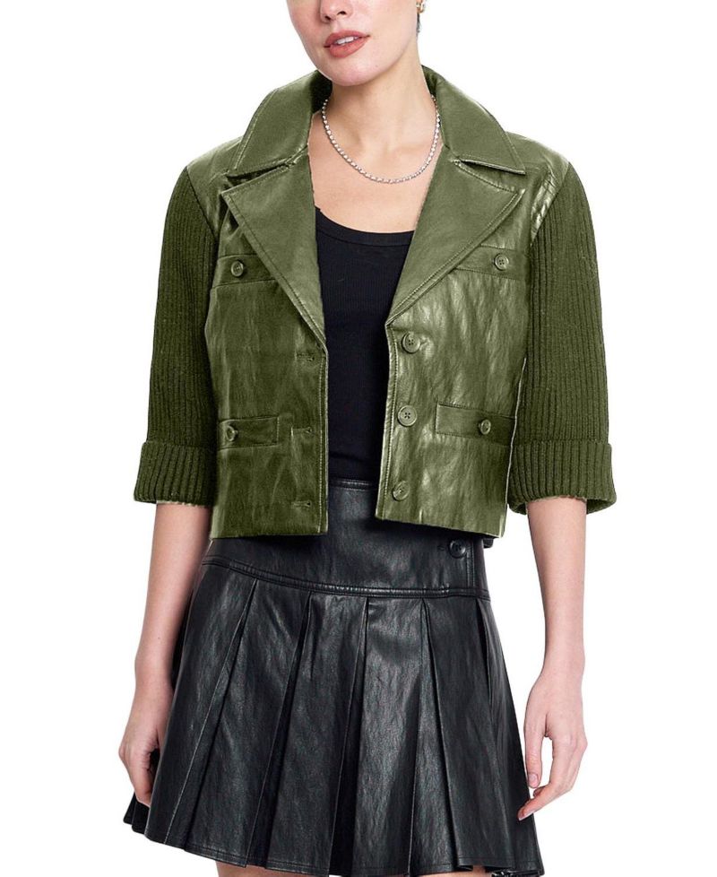 Women's Quinn Faux-Leather with Knit Sleeves Cropped Jacket