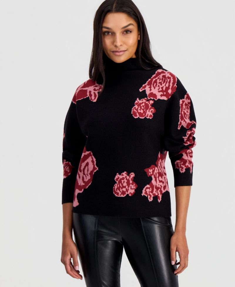 Women's Floral Jacquard Funnel-Neck Dolman-Sleeve Sweater