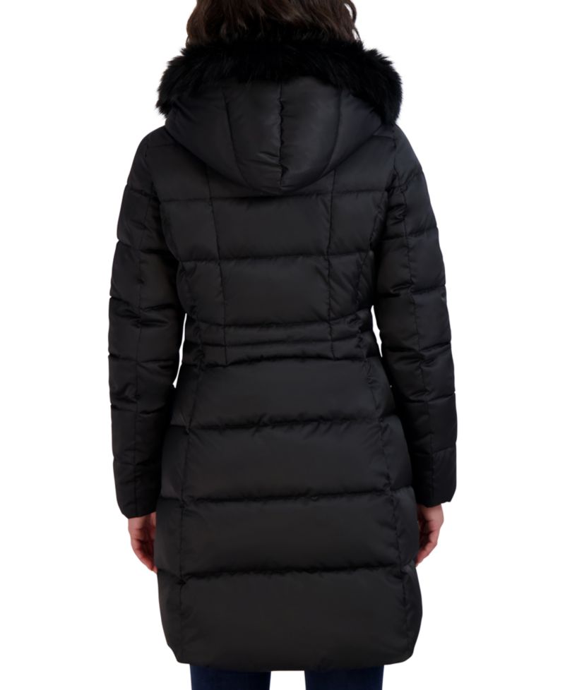 Womens Velvet Bibbed Faux-Fur Hooded Puffer Coat