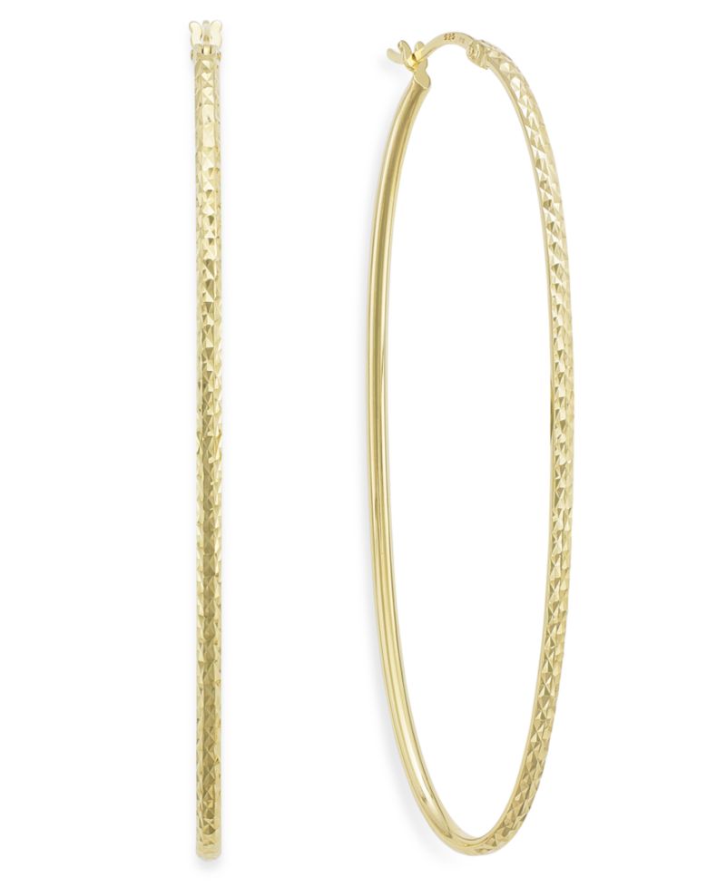 Diamond-Cut Oval Hoop Earrings in 14k Gold Vermeil, 2-3/4" (Also in Sterling Silver)