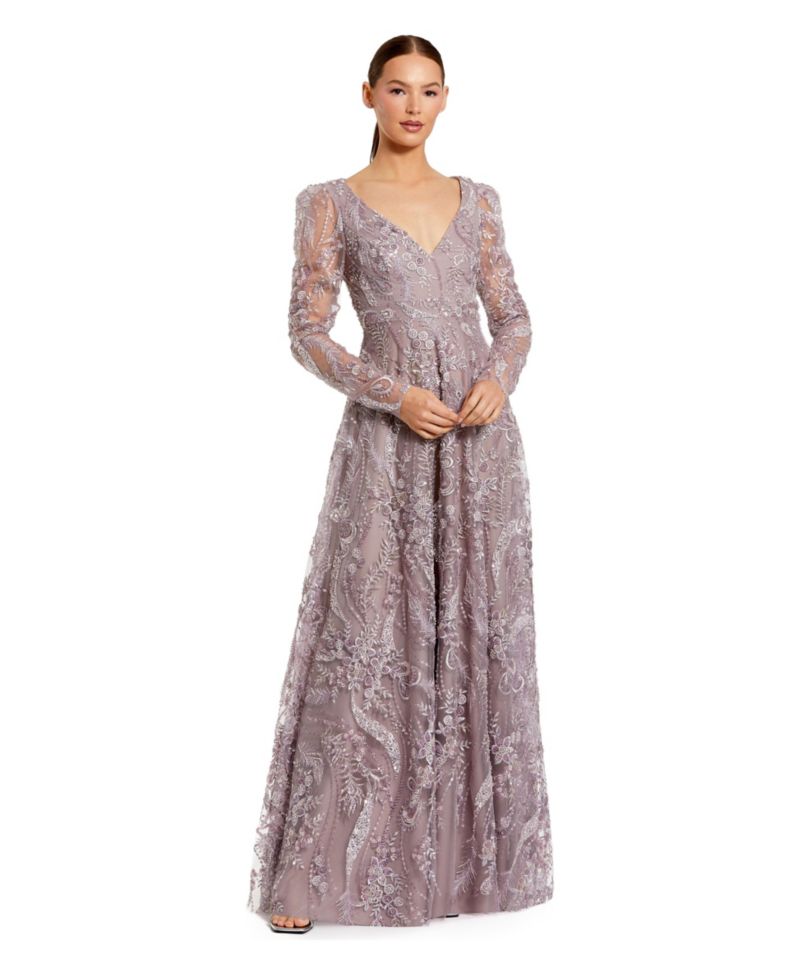 Women's Floral Embroidered V Neck Long Sleeve Gown