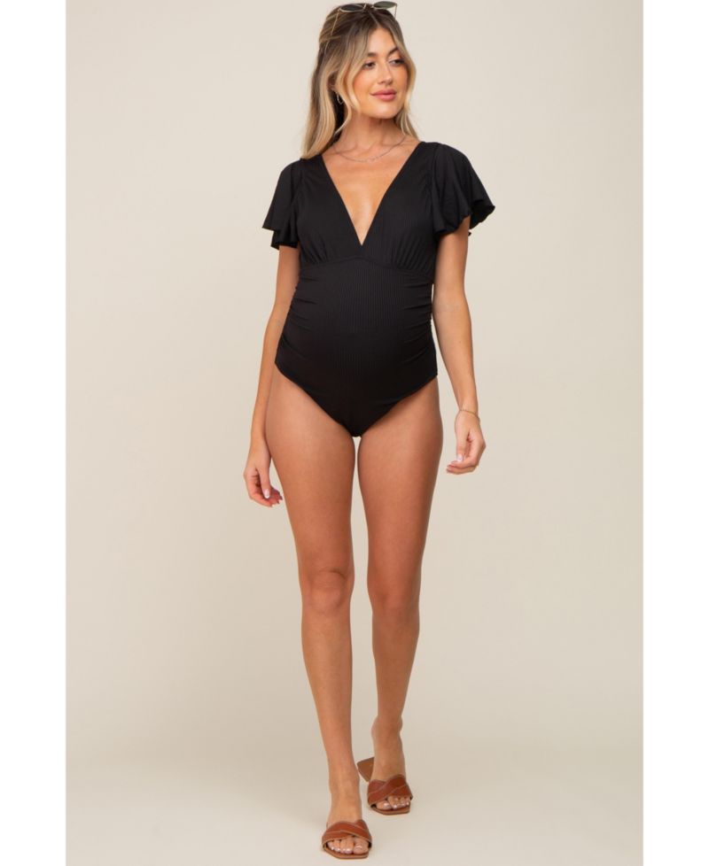 Women's Black Deep V-Neck Flounce One Piece Swimsuit