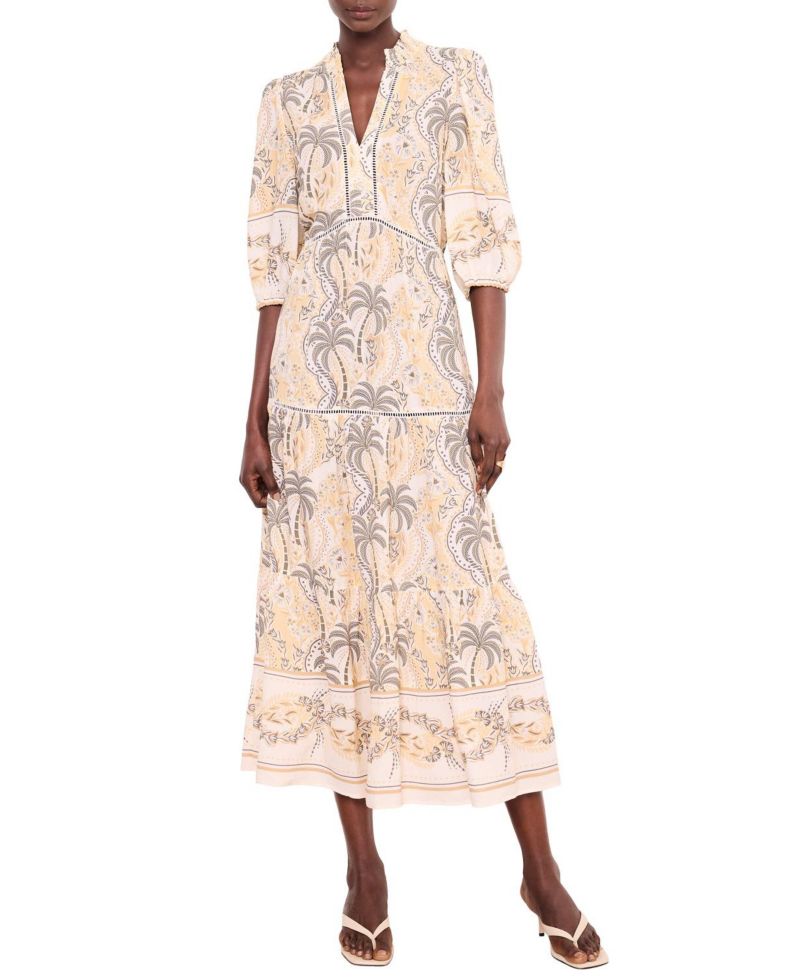 Women's Palm-Print V-Neck 3/4-Sleeve Maxi Dress