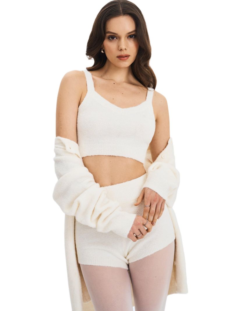 Women's Selene White Wool-Blend Ribbed Knit V-Neck Top
