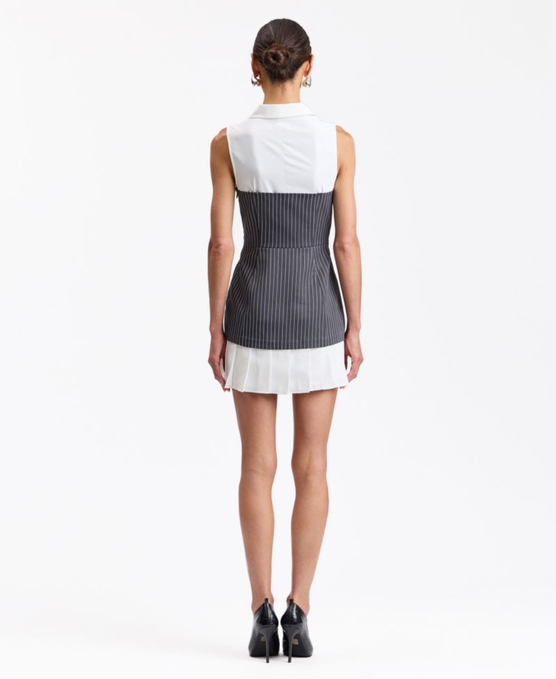 Women's Sleeveless Twofer Vest Pleated Striped Mini Dress