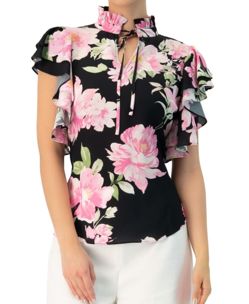 Women's Floral Print Blouse with Ruffle Sleeves