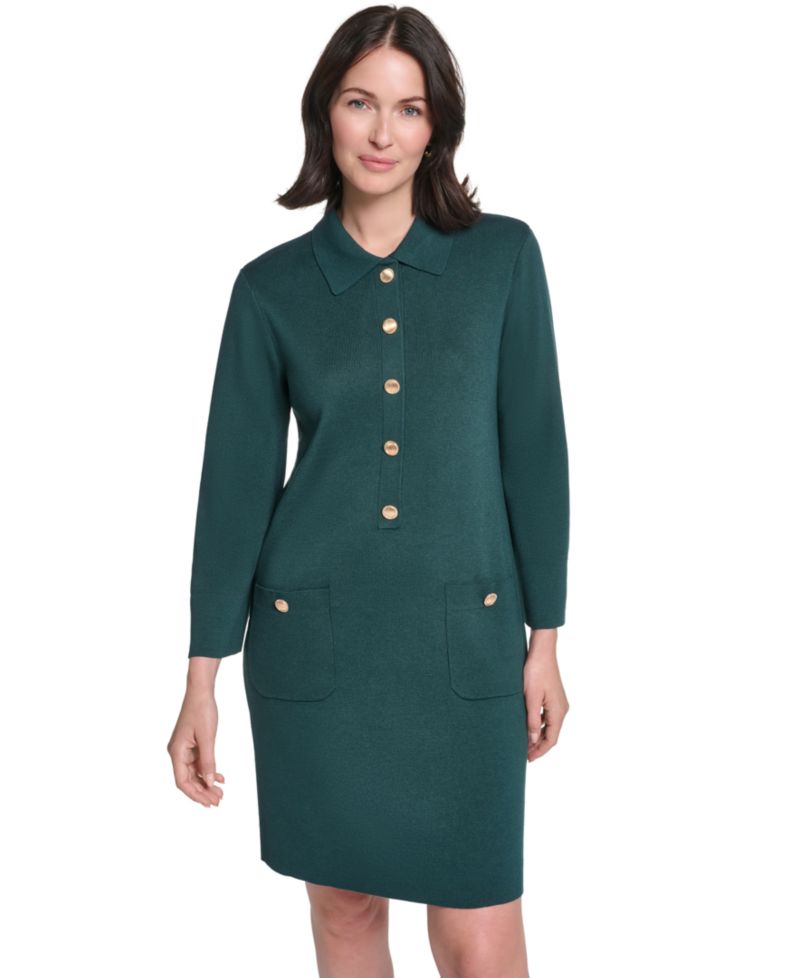 Petite Collared Button-Front Long-Sleeve Midi Dress