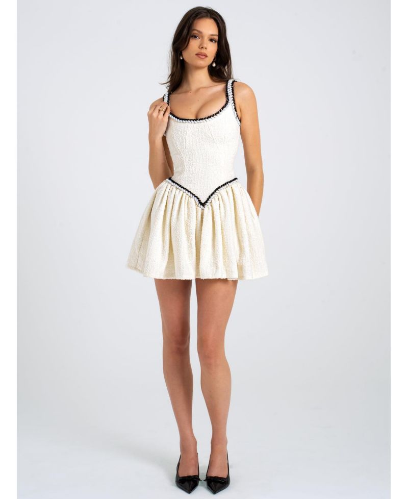 Women's Coco White Boucle Tweed V Waist Mini Dress