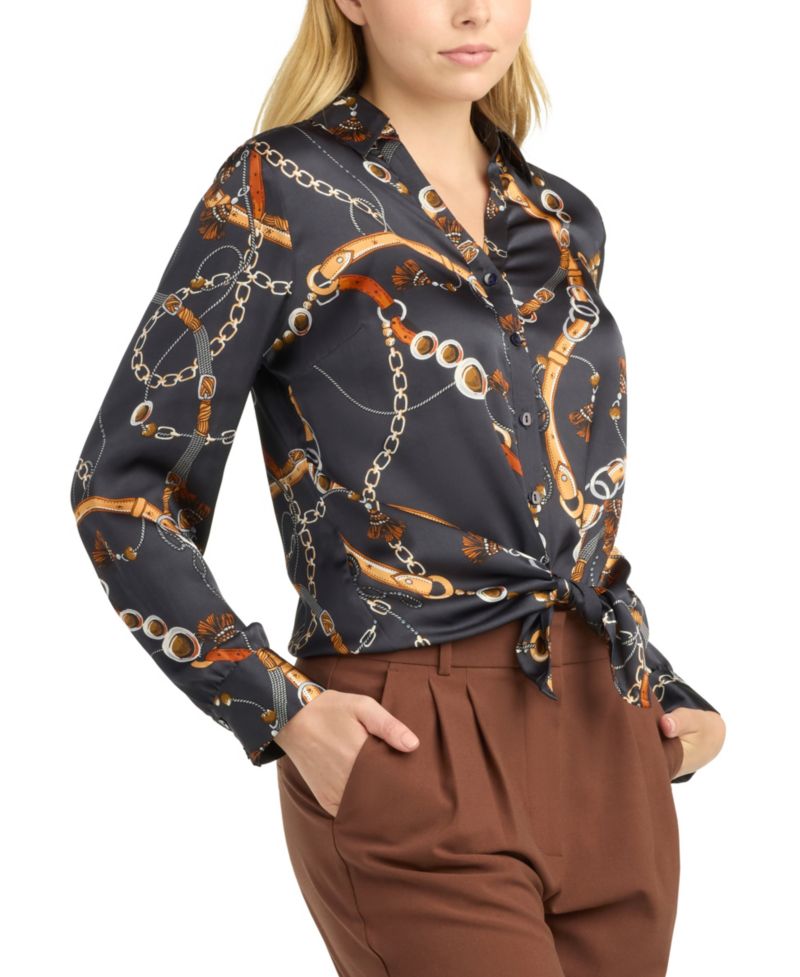 Juniors' Collared Printed Satin Top