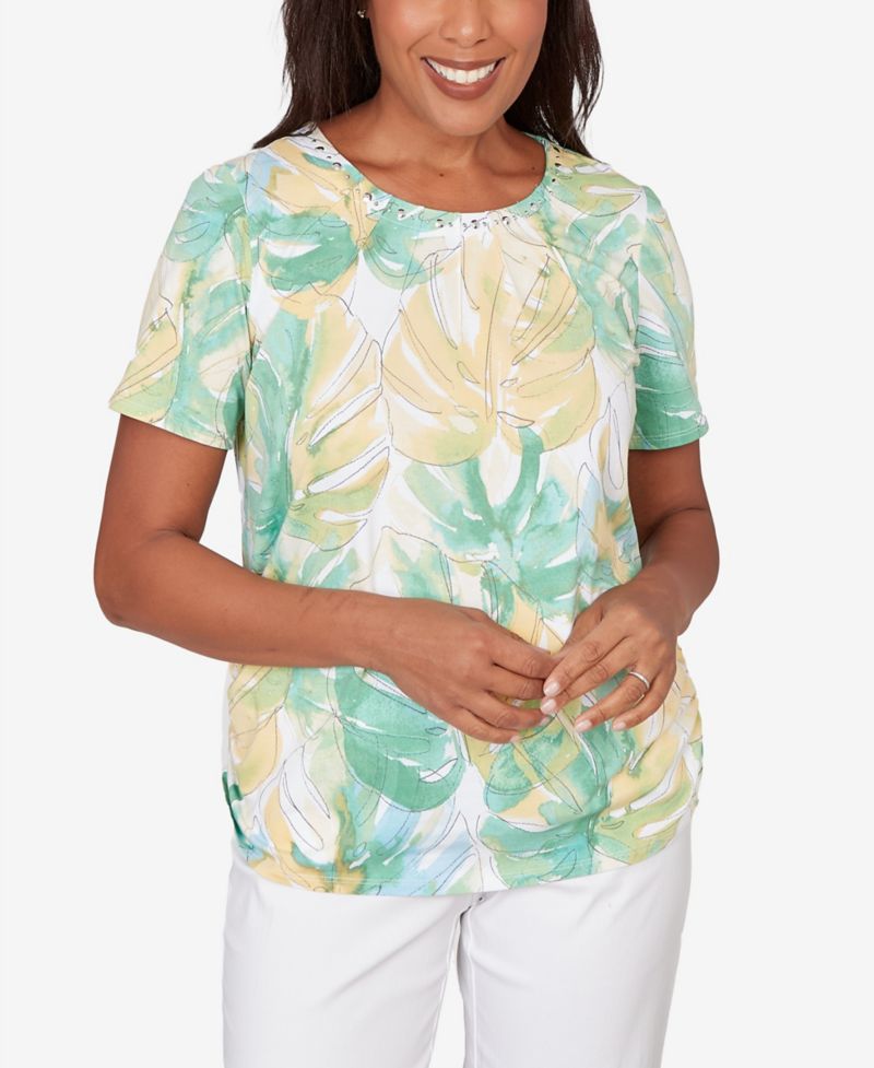 Petite Tropical Leaf Beaded Neck Ruched Top