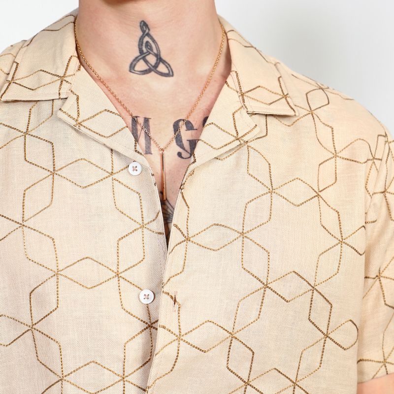 Men's Beige Embroidered Geometric-Lined Shirt