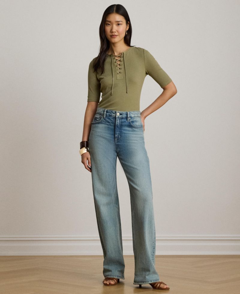 Women's Crewneck Lace-Up Ribbed Elbow-Sleeve T-Shirt