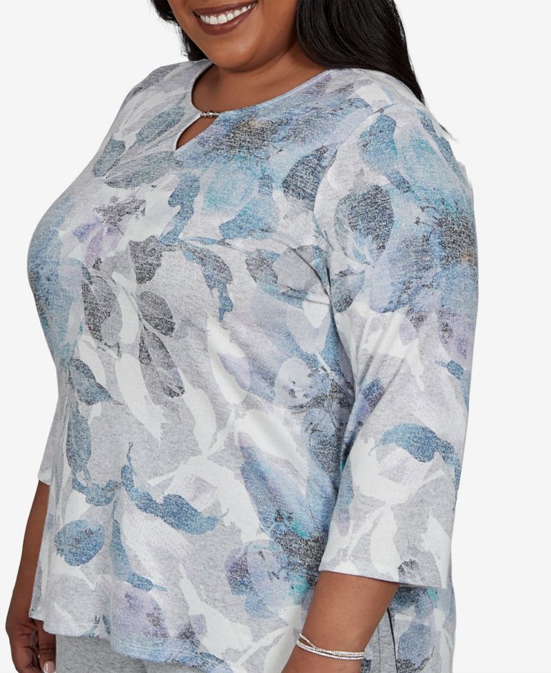 Plus Size Floral-Print 3/4-Sleeve T-Shirt