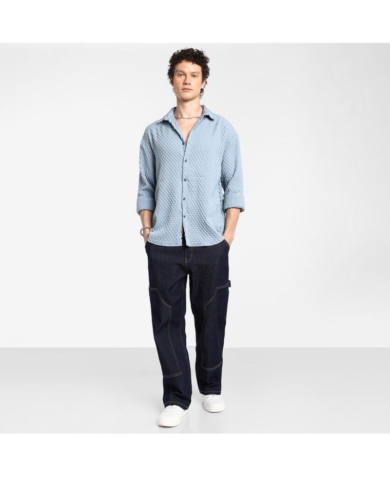 Men's Cornflower Blue Cubic-Textured Oversized Shirt