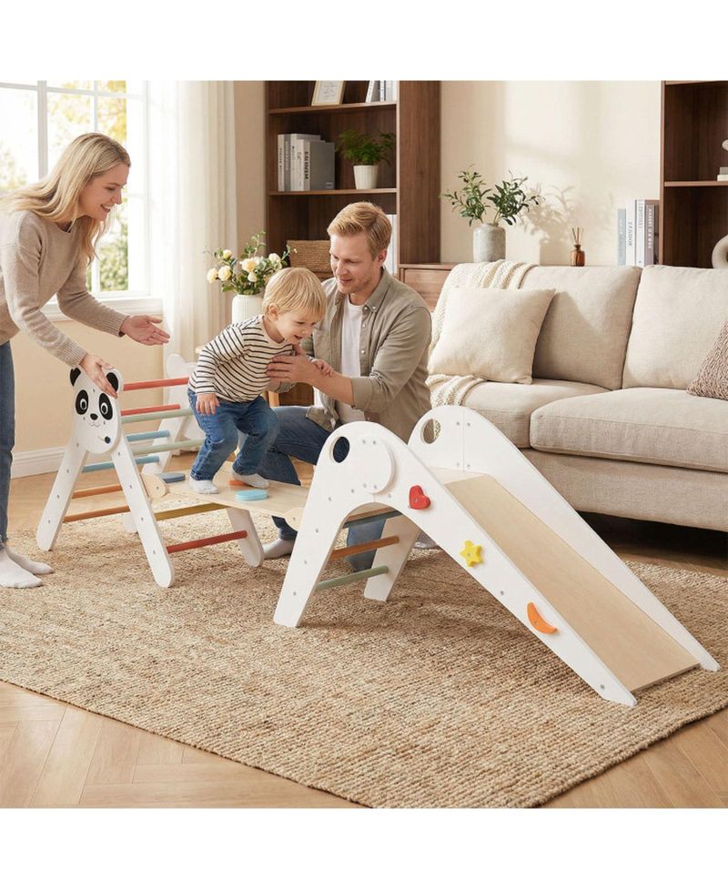 Ages 3+ Montessori Foldable 3-Piece Climbing Triangle, Slide, and Balance Bridge Set