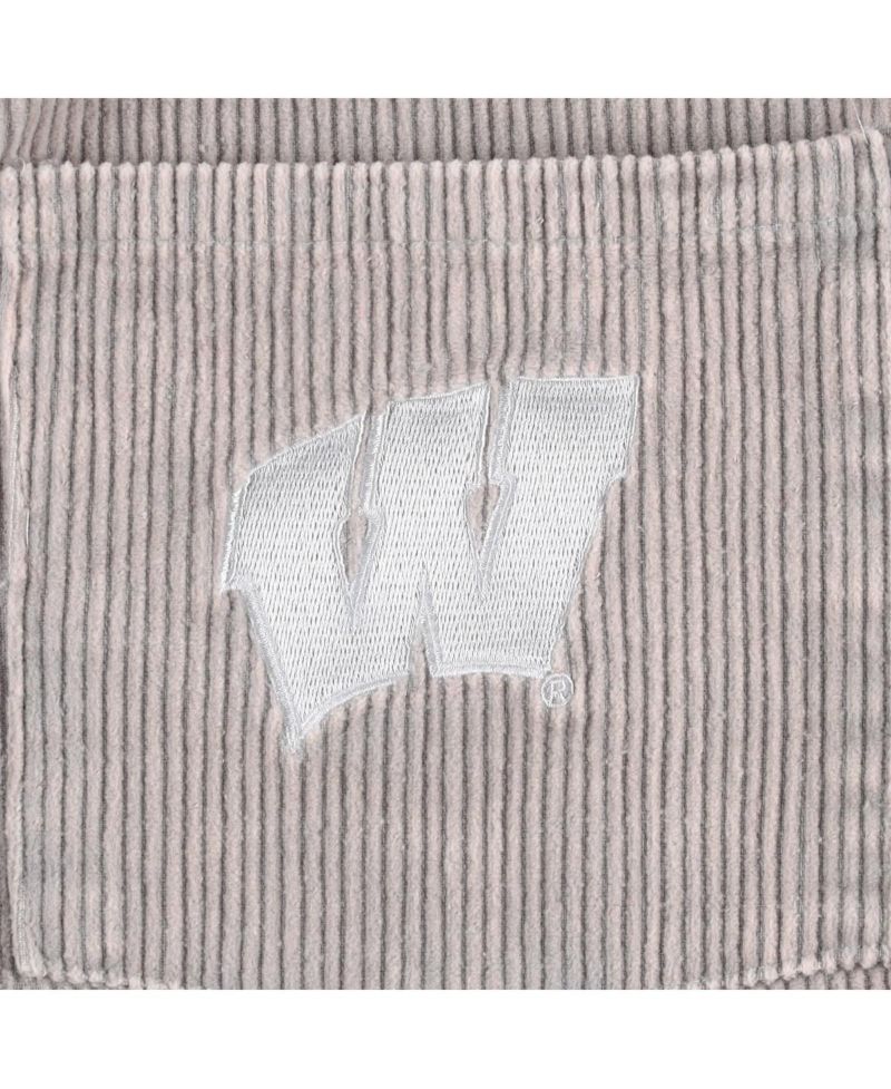 Women's Gray Distressed Wisconsin Badgers Vintage-Like Wash Corduroy Full-Snap Hooded Shacket