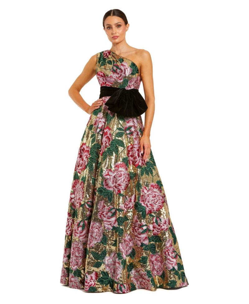 Women's One-Shoulder Floral-Sequin Velvet Bow Ball Gown