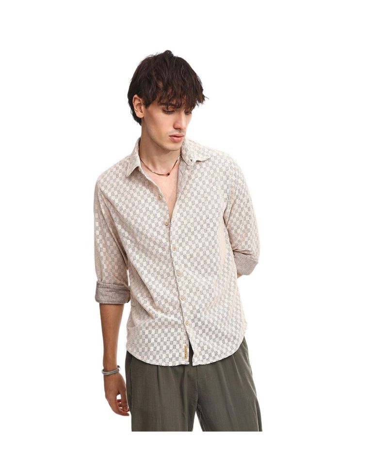 Men's Saltbox Beige Checkered-Textured Shirt