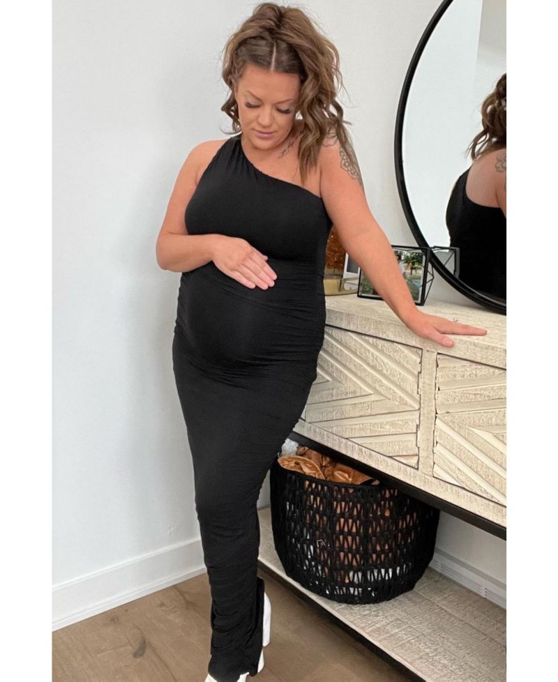 Women's Black Ruched One Shoulder Dress