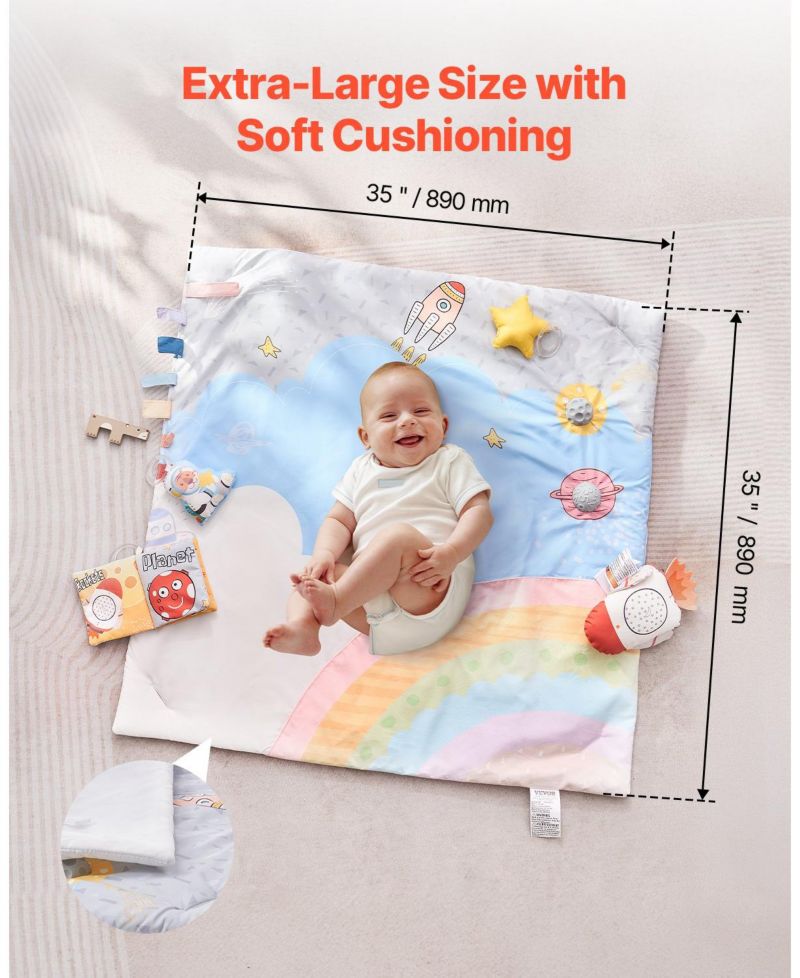 Baby Play Gym Mat with 6 Sensory Toys, Tummy Time Activity Mat 35" x 35