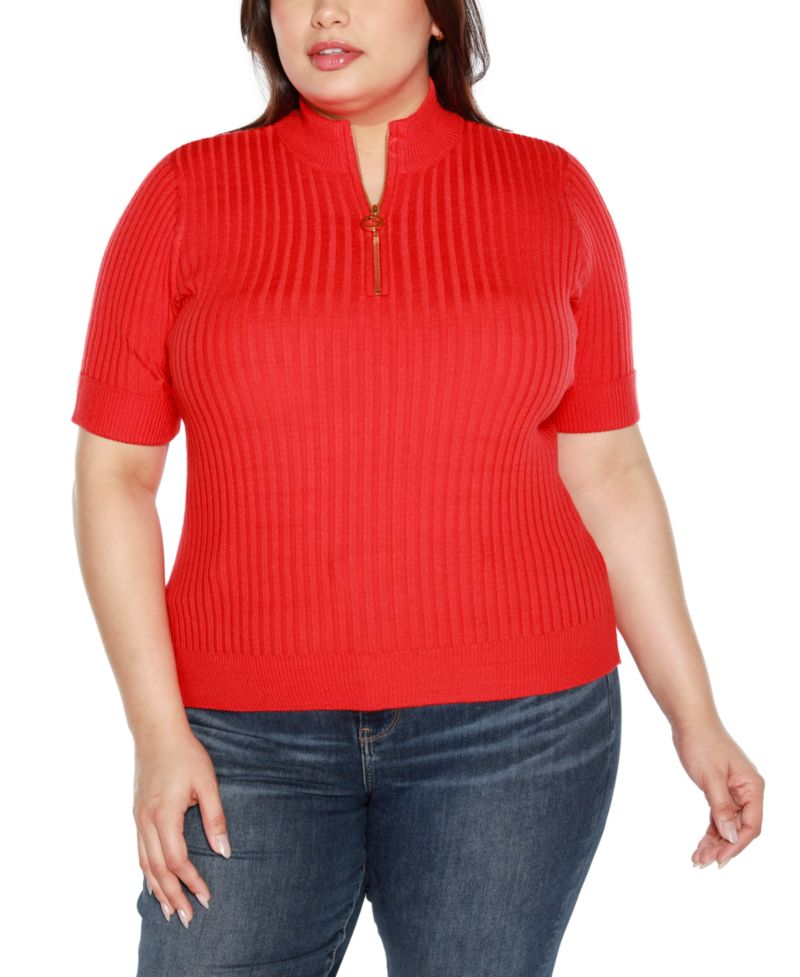 Black Label Plus Size Ribbed Zip Mock Neck Top
