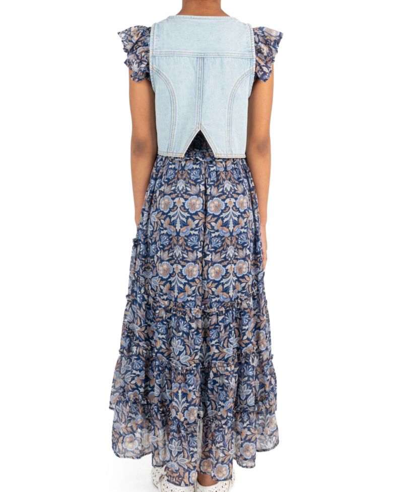 Girls' 7-16 Floral Print Sleeveless Dress and Denim Vest, 2-Piece Set