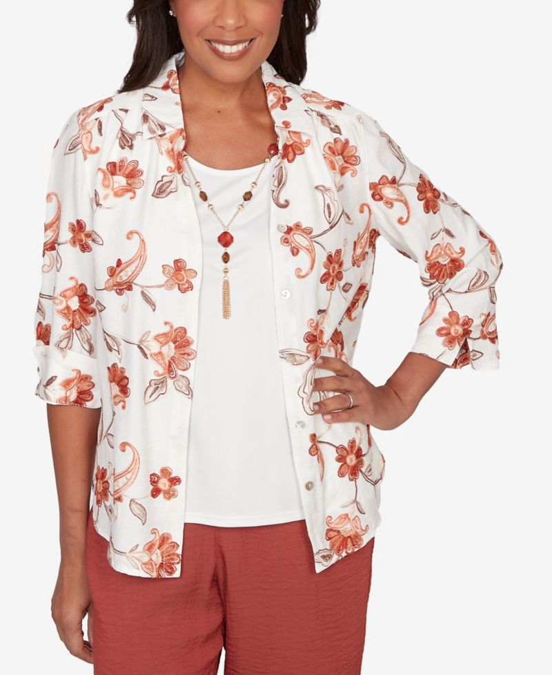 Petite Spice Market Paisley Floral Collared Two-In-One Top with Necklace