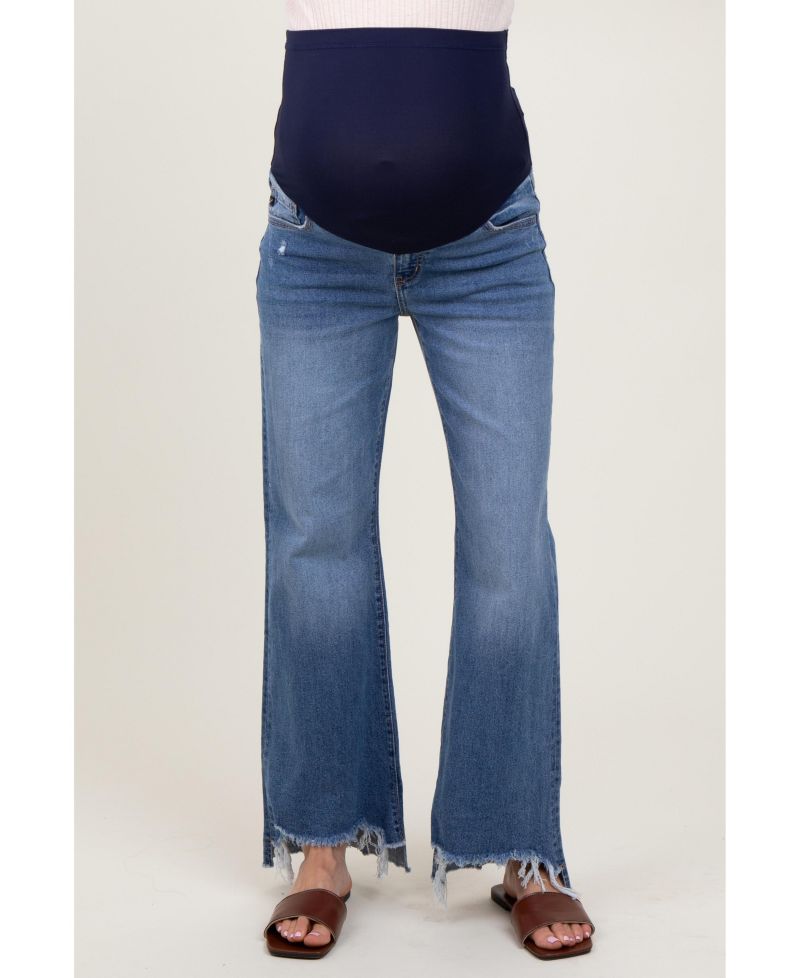 Women's Blue Distressed Fringe Hi-Lo Hem Cropped Flare Jeans