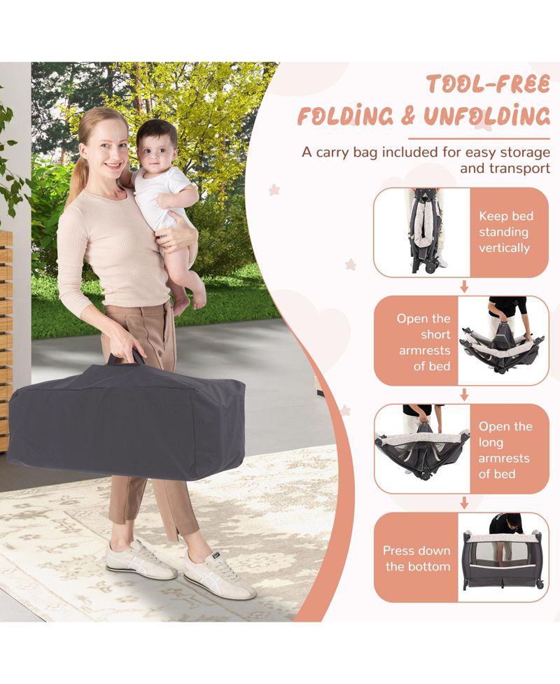 Kids 4 in 1 Portable Pack and Play Nursery Center with Bassinet-Heart