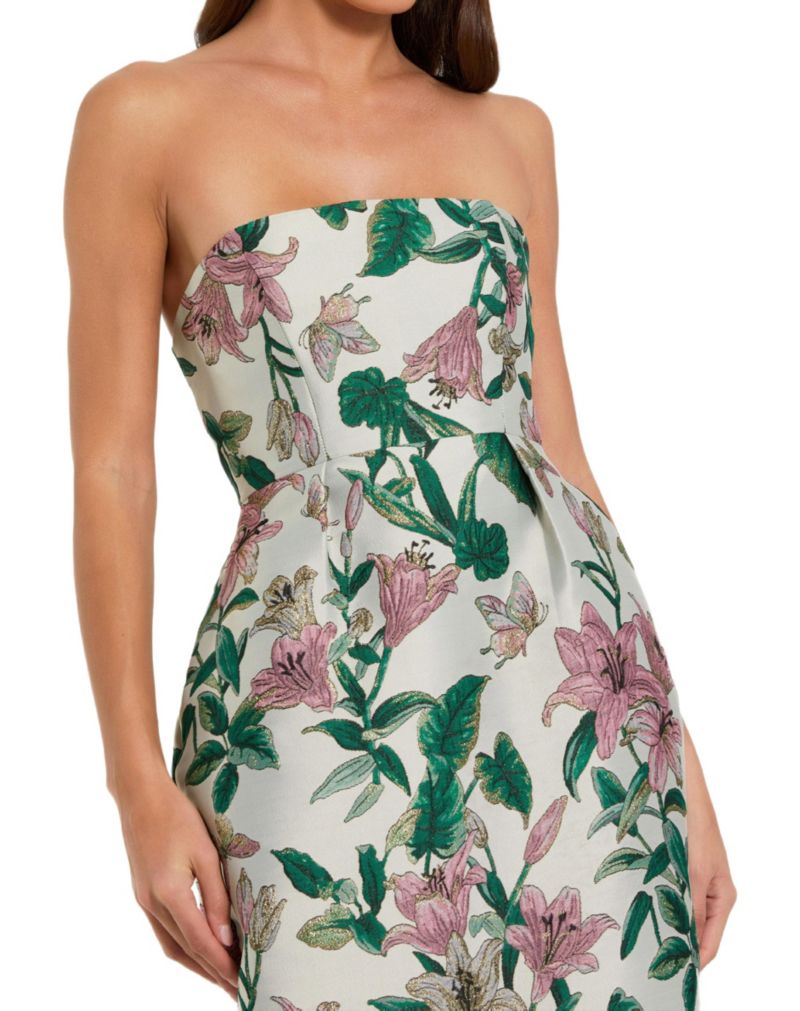 Women's Floral Brocade Strapless Fitted Midi Dress