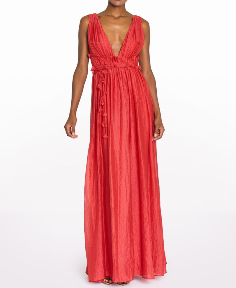 Women's V-Neck Long Gown with 3D Flower Details at Waist