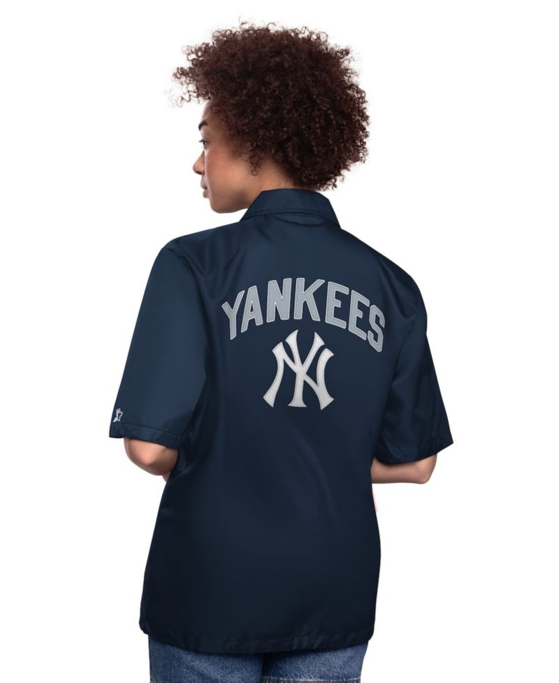 Women's Navy New York Yankees High Post Short Sleeve Full-Snap Coaches Jacket
