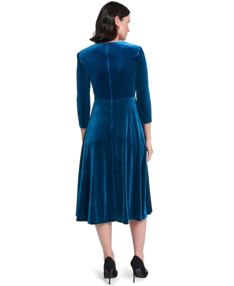 Women's V-Neck Wrap Midi Velvet Dress