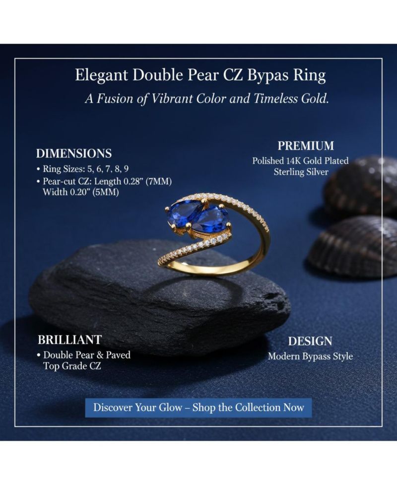 Elegant 14K Gold Plated Double Pear Cubic Zirconia Bypass Ring