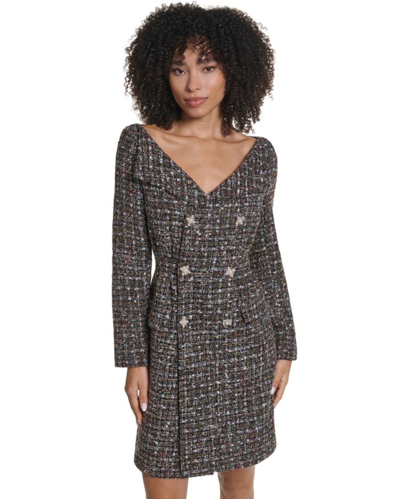 Women's Long-Sleeve Collared Tweed Coat Dress