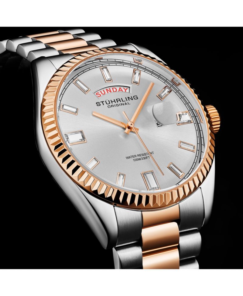 Statesman 4070 Men s Watch – Two-Tone Bracelet, White Dial, Day-Date Quartz, 42mm Fluted Bezel