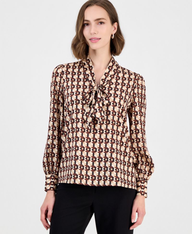 Women's Long-Sleeve V-Neck Bow Tie Geometric-Print Blouse