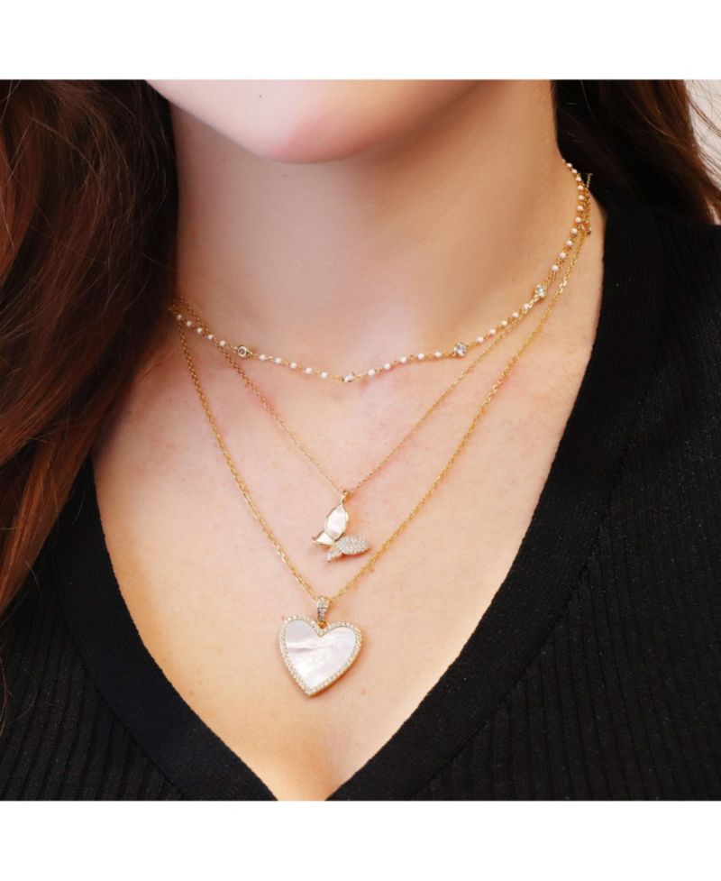 Large Mother of Pearl CZ Halo Heart Necklace 14K Gold-Plated Sterling Silver