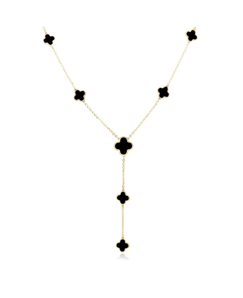 Onyx Clover Station Lariat Necklace 14K Yellow Gold