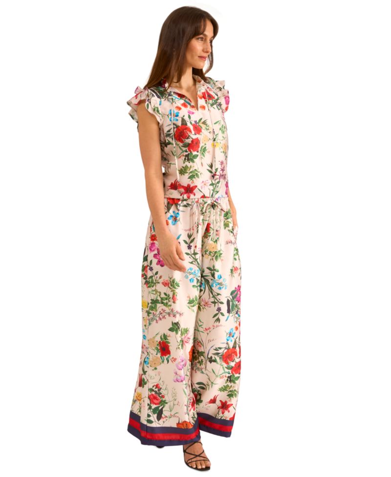 Women's Satin Floral-Print Ruffled Sleeve Top