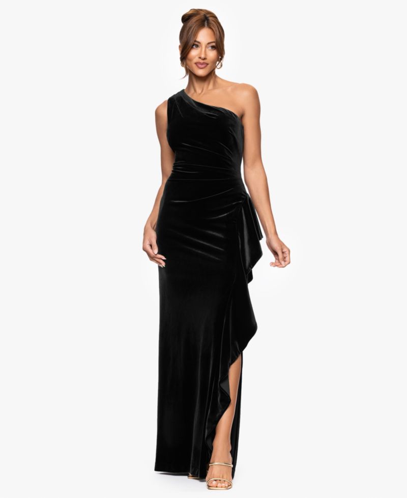 Petite Long Velvet One-Shoulder Dress