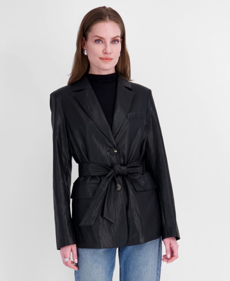 Women's Belted Faux Leather Trench Jacket