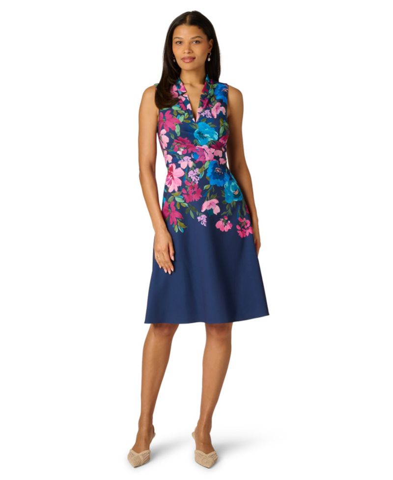 Petite Border Floral V-Neck Midi Dress