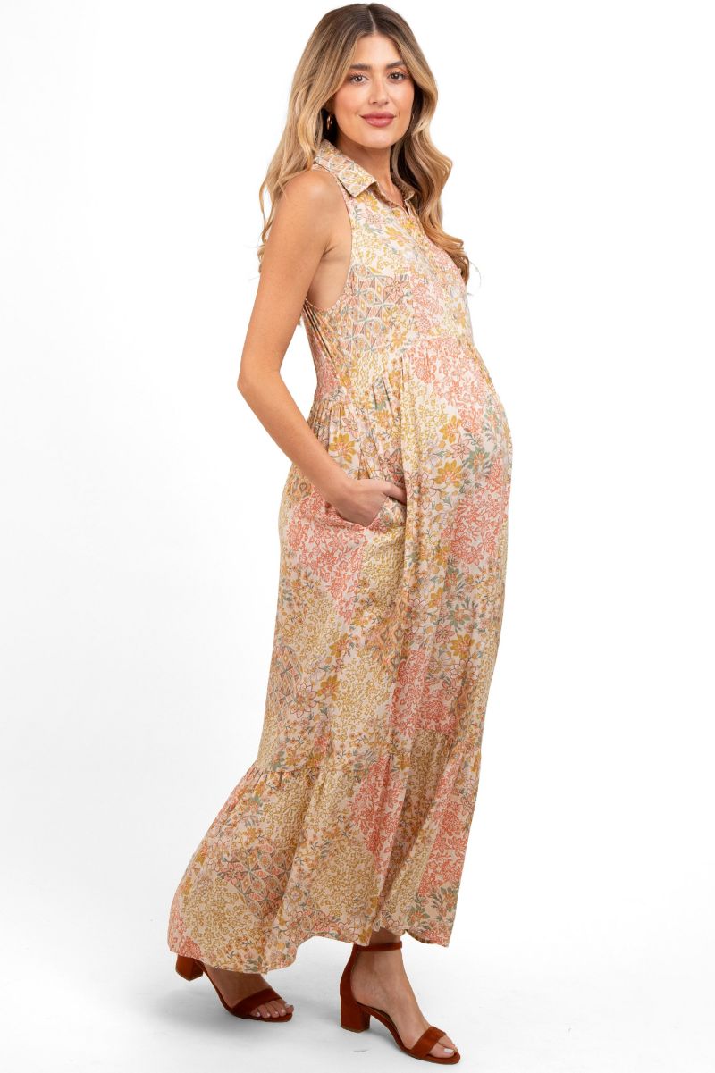 Women's Peach Floral Sleeveless Button Tiered Collared Maxi Dress