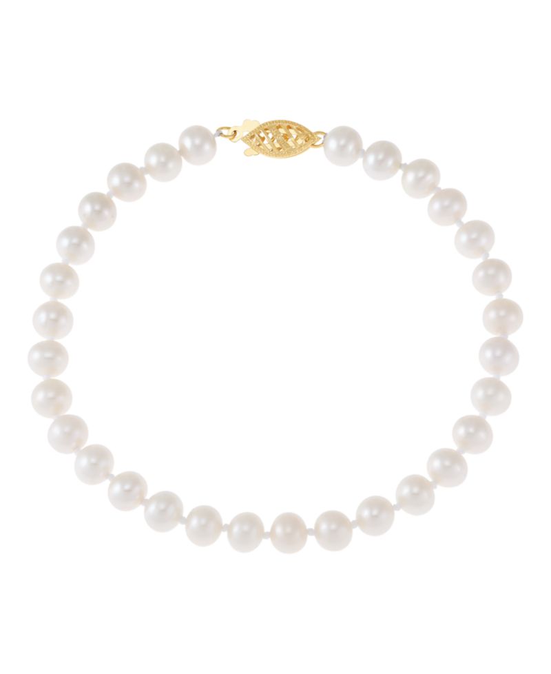 White Cultured Freshwater Pearl (7-8mm) Bracelet in 14k Yellow Gold