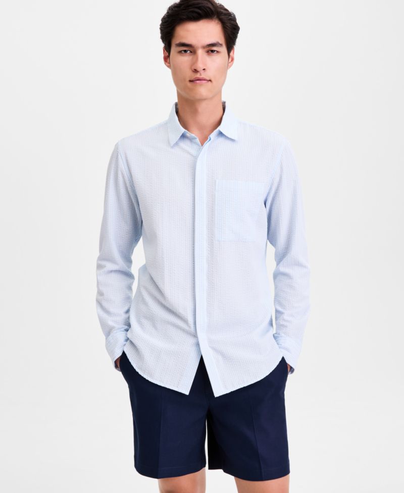 Men's Long-Sleeve Puckered Stripe One Pocket Shirt, Macy's Exclusive