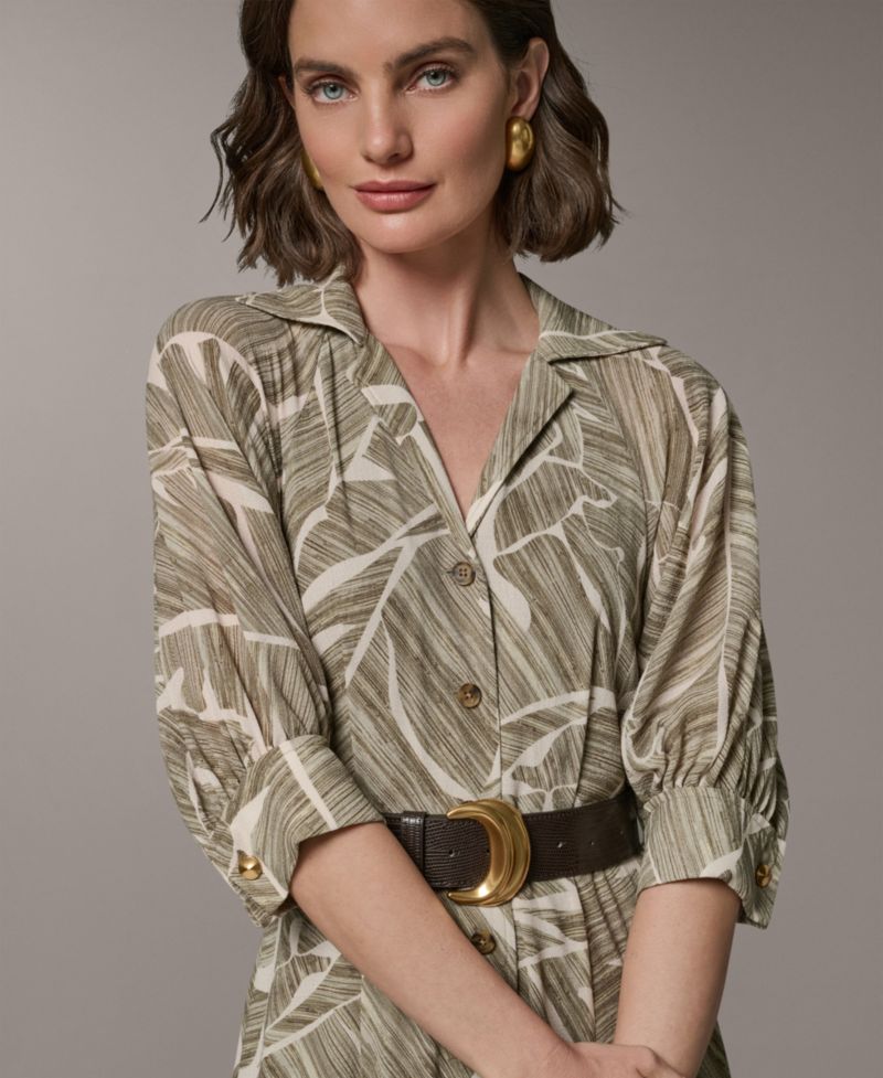 Women's Printed Collared Shirt Dress with Faux Leather Belt