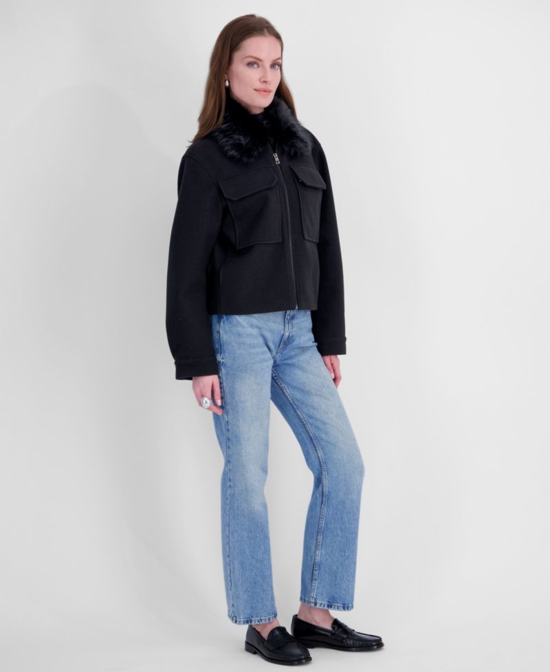 Women's Detachable Faux-Fur Collar Cropped Coat