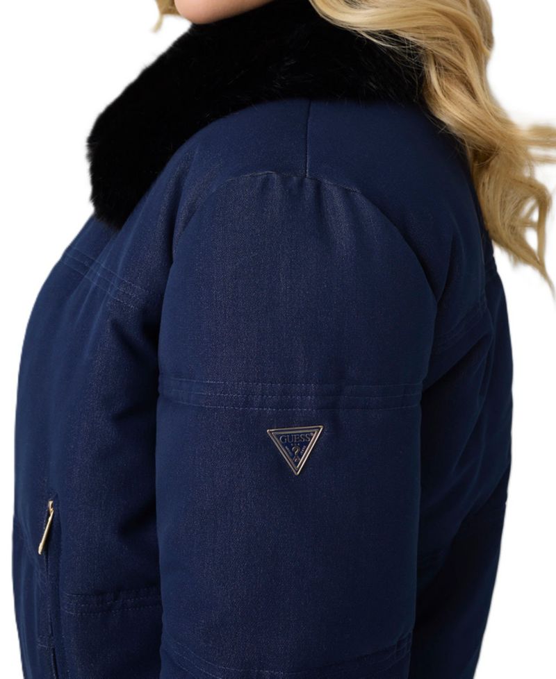 Women's Ivana Puffer-Bomber Faux-Fur Collar Synched-Waist Denim Jacket